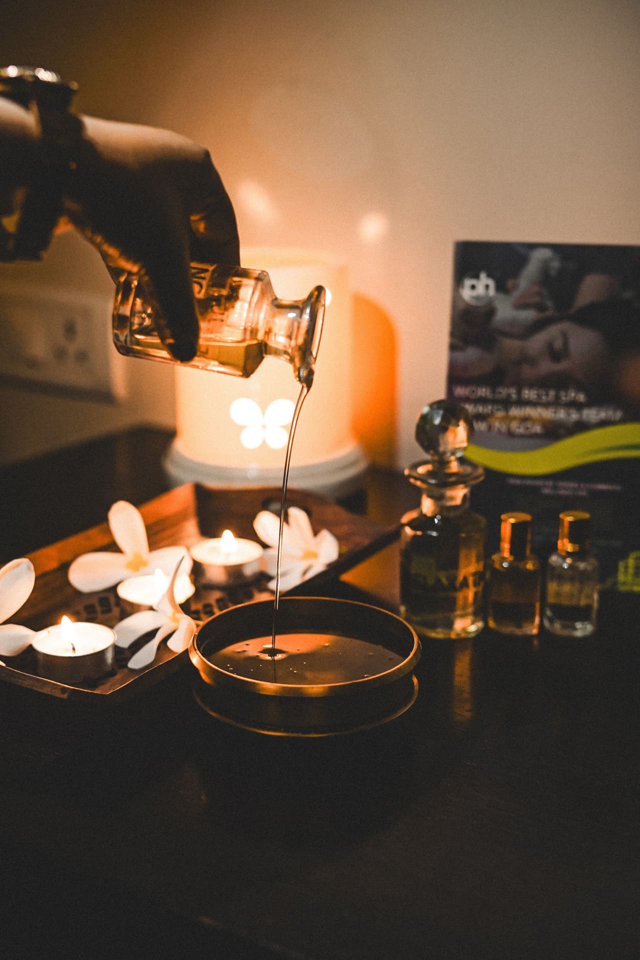 Aromatherapy oils and Indian-inspired spa wellness setup