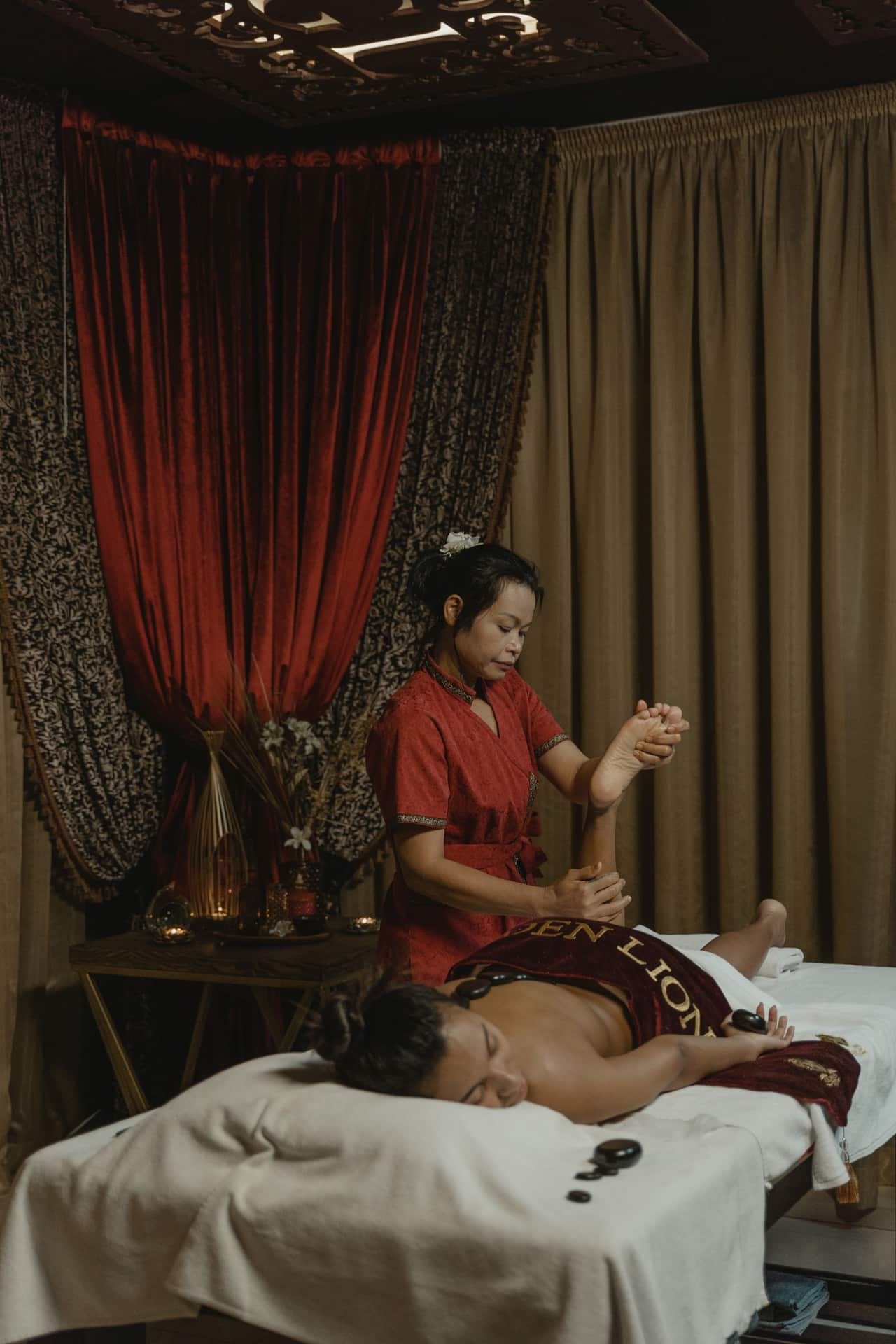 Indian wellness spa treatment room with a relaxing massage session
